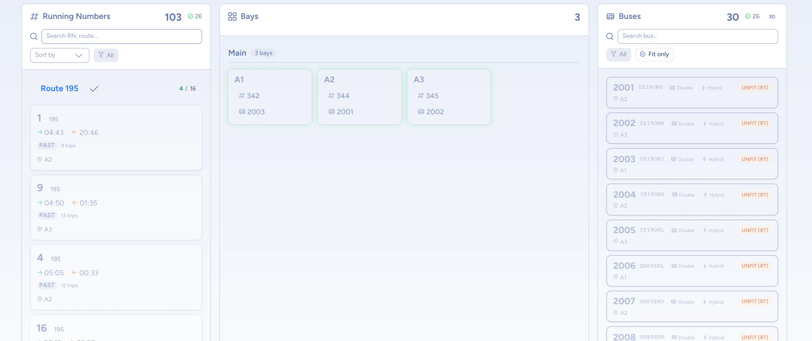 LumiBus allocation board: running numbers, bays and buses in a drag-and-drop three-column workflow