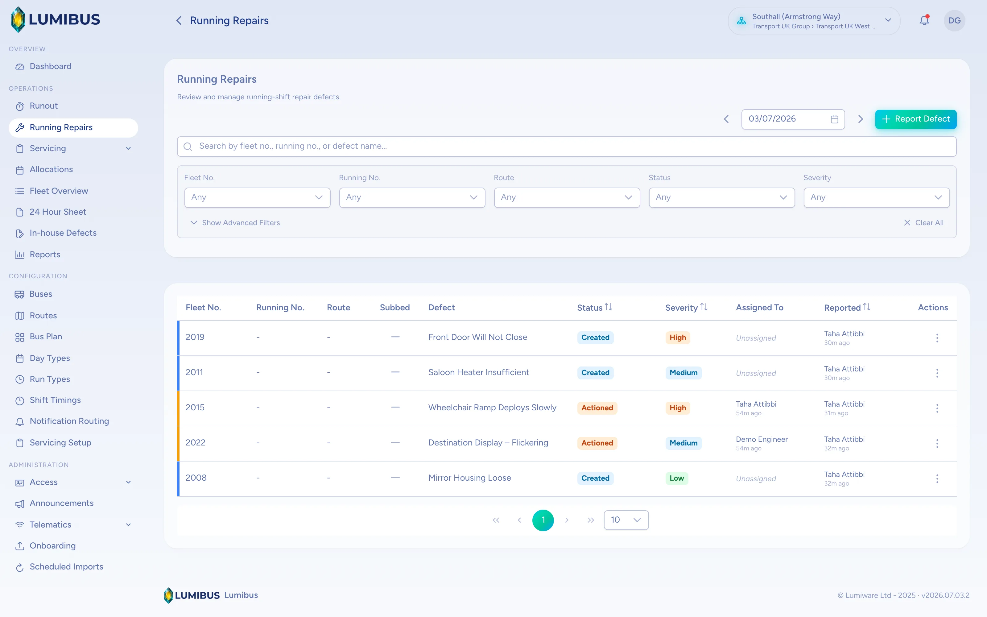 LumiBus running repairs queue: reported defects with severity, status and assignment