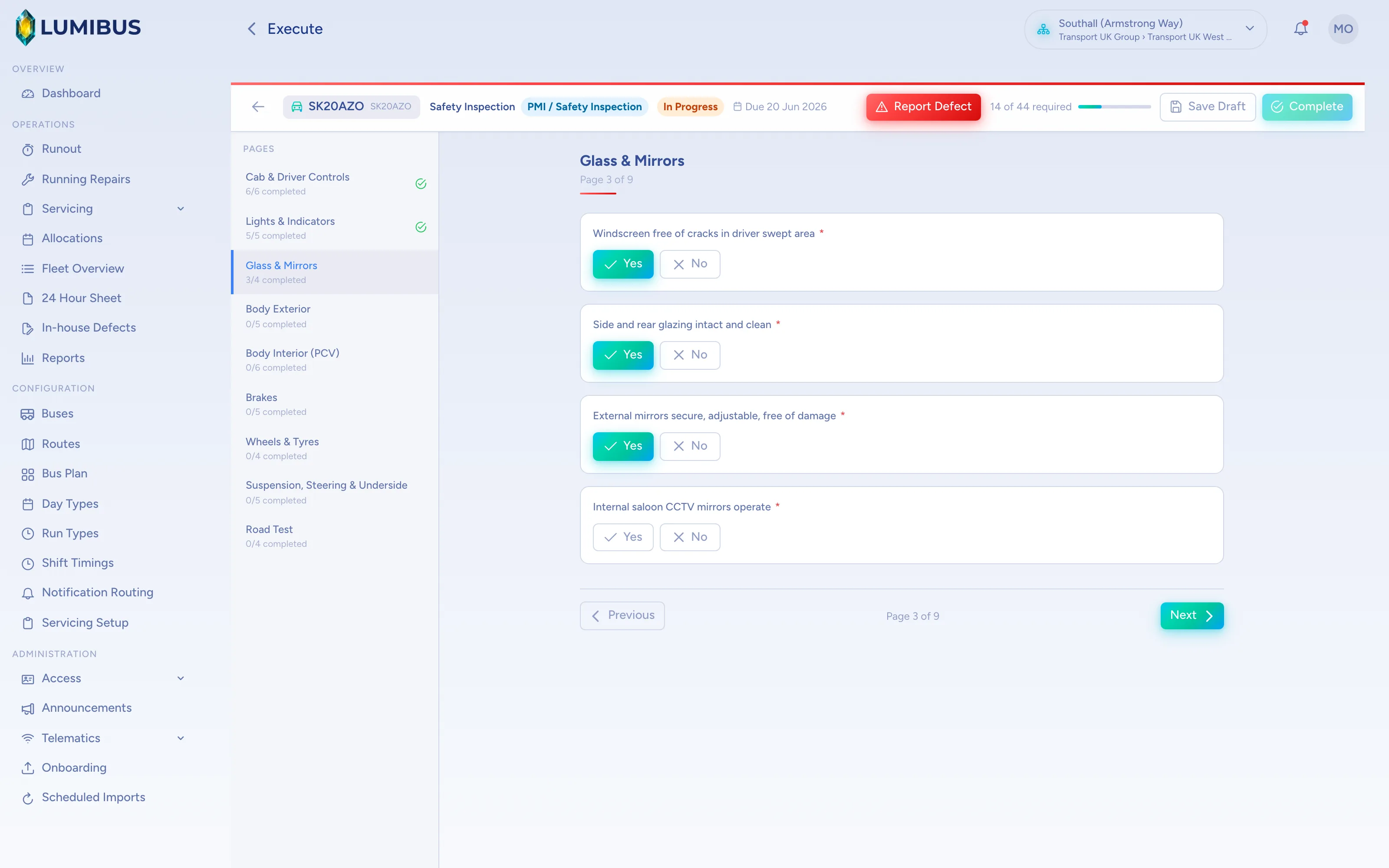 LumiBus service inspection mid-execution: checklist items being passed with progress tracked per section